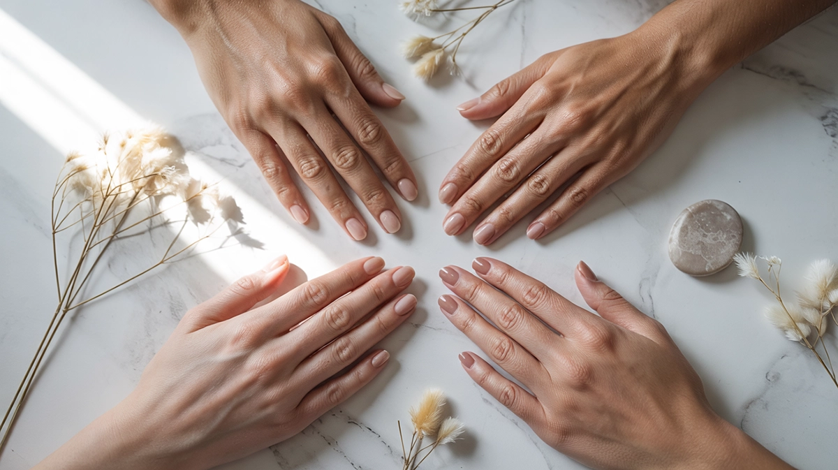 nude köröm árnyalatok bőrszín szerint – rózsás bézs és karamell géllakk összehasonlítás flatlay